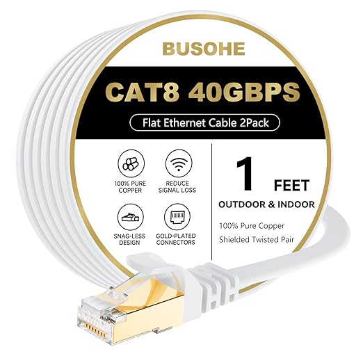 BUSOHE Cat 8 Ethernet Cable 1 FT 2Pack, 40Gbps 2000Mhz High Speed Flat Cat8 by BUSOHE