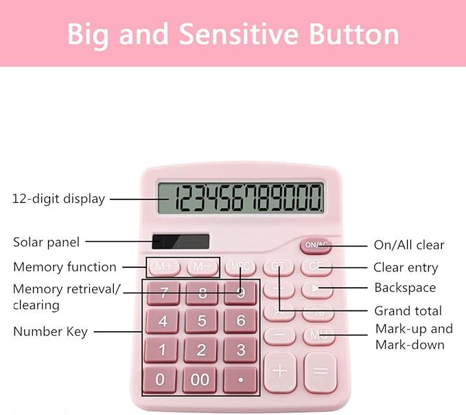 Office Calculators Desktop, 12-Digit Dual Power Cute Calculator - Image 2