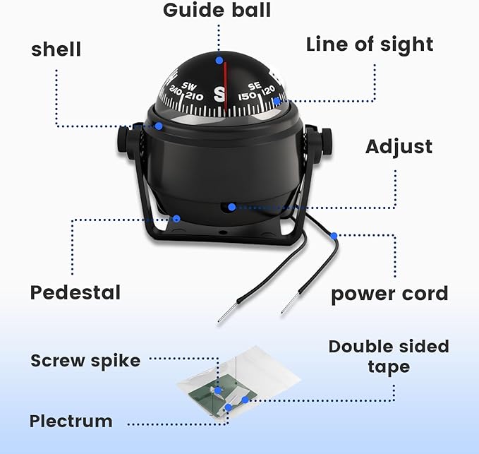 Boat Compass with Magnetic Declination Adjustment, Pivoting Marine Compass - Image 3