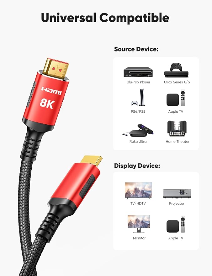 Snowkids 8K HDMI Cable 3.3FT/1M 2-Pack, Ultra High Speed 48Gbps HDMI Braided - Image 9