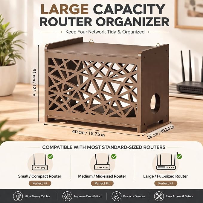 Upgrade Pine Wooden Router Box Hider, Large Capacity Projector Shelf Wall - Image 3