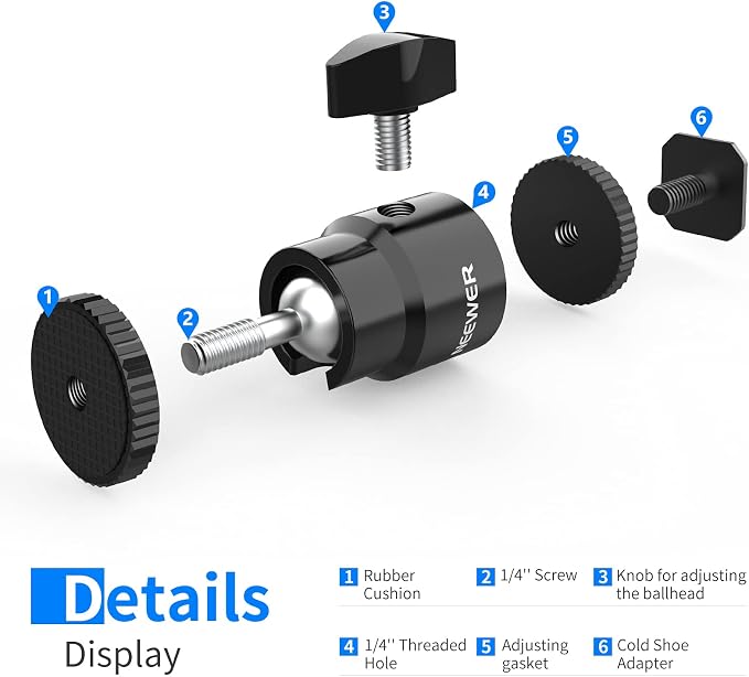 Neewer Mini Ball Head with Cold Shoe & 1/4” Screw, 2 Pack, 360° Swivel 90° Tilt - Image 2