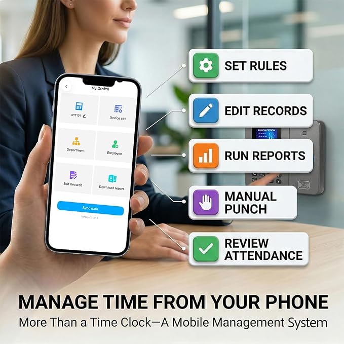 App-Controlled Time Clock with 5s Fast Connection, Edit Records, Set Rules & - Image 2