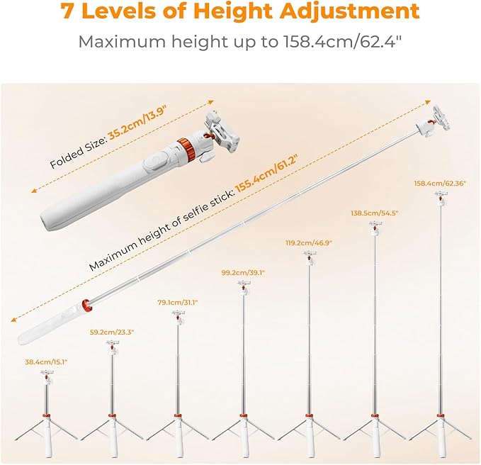 K&F CONCEPT MS08 62'' Selfie Stick Tripod, 2-in-1 Extendable White Phone Tripod - Image 2