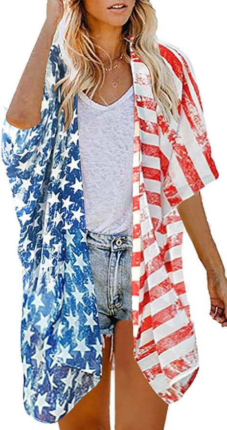Women's Floral Print Puff Sleeve Kimono Cardigan Loose Cover Up Casual Blouse by CHICGAL
