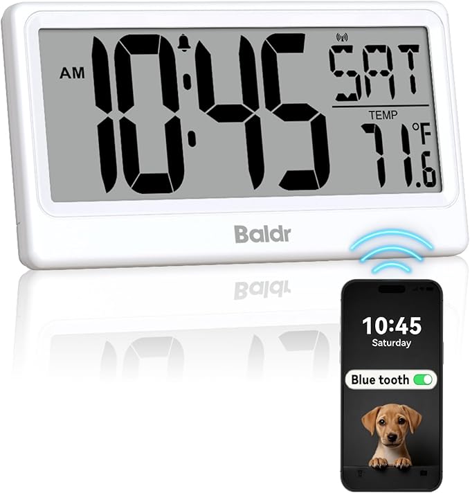 Baldr Digital Clock with Bluetooth Auto Time Sync, No App Required, Large by BaldrInc