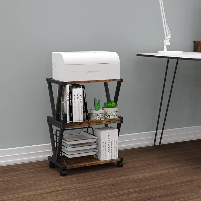 VEDECASA Retro Desktop Printer Stand 2 Tiers Under Desk Wood Printer Shelf - Image 2