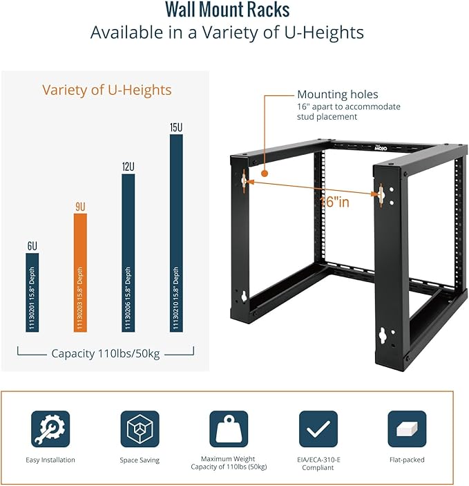 Tecmojo 9U Fixed Wall Mount Network Rack 15.8inch Depth Open Frame - Image 5