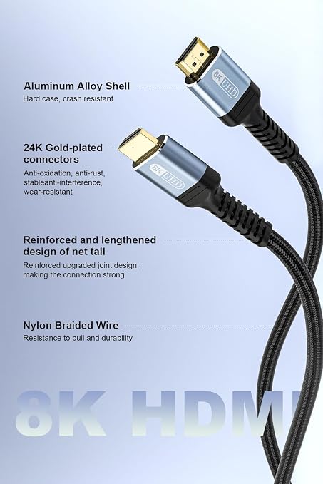 10K 8K 4K HDMI 2.1 Cable 8ft, 48Gbps Ultra High Speed HDMI Cable Braided - Image 7