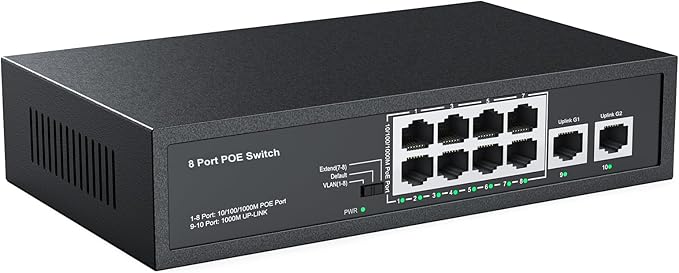 Real HD 10 Port PoE Switch, 8 Ports PoE+ 2 Uplink Unmanaged 100Mbps Switch by RealHD