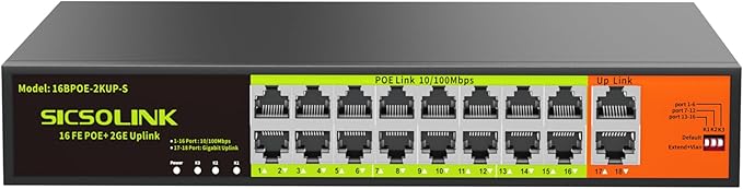 16 Port PoE Switch with 2 Gigabit Uplink, 250W Rack Mount Ethernet Switch by SICSOLINK
