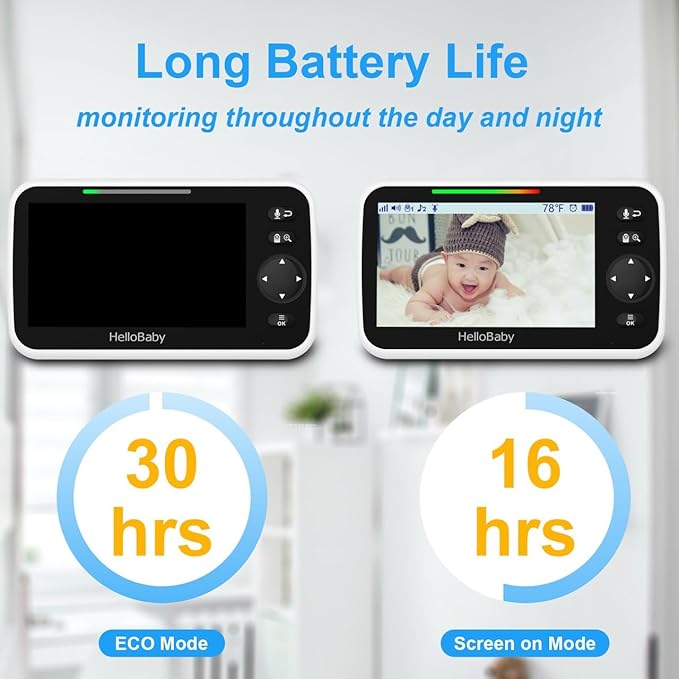 HelloBaby HB6550 5" Baby Monitor 3 Cameras, 26-Hour Battery, Pan-Tilt-Zoom - Image 4