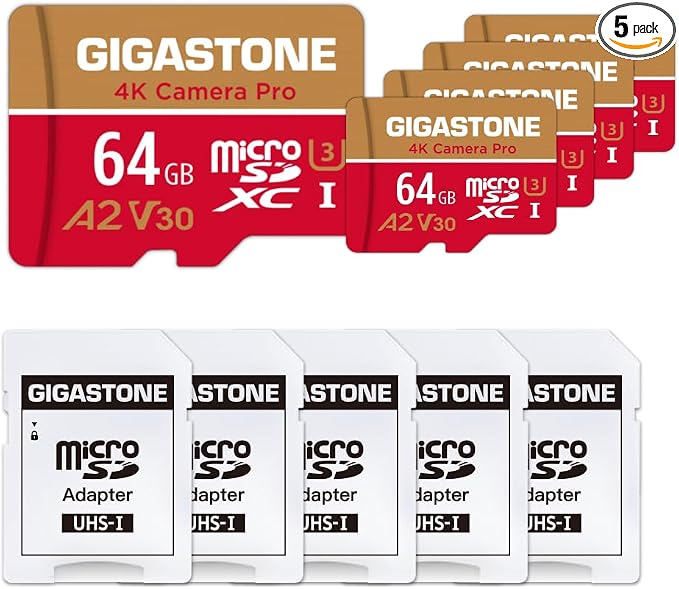 【5-Years Data Recovery】 GIGASTONE 64GB Micro SD Card 5-Pack, 4K Camera Pro by Gigastone