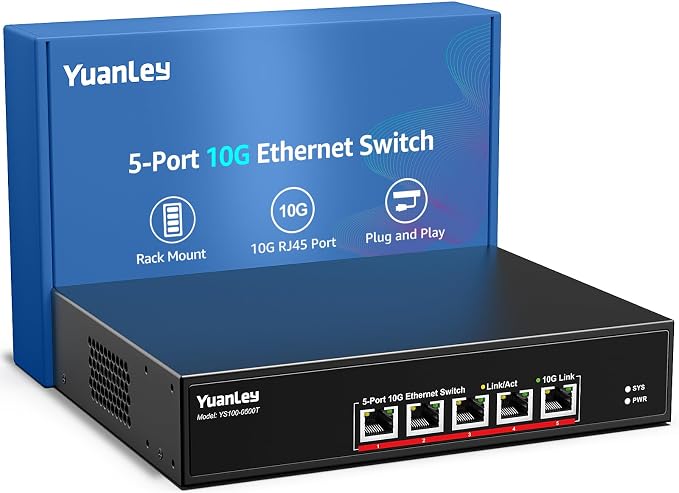 YuanLey 5 Port 10G Ethernet Switch, 5 x 10Gbps RJ45 Ports, Support by YuanLey