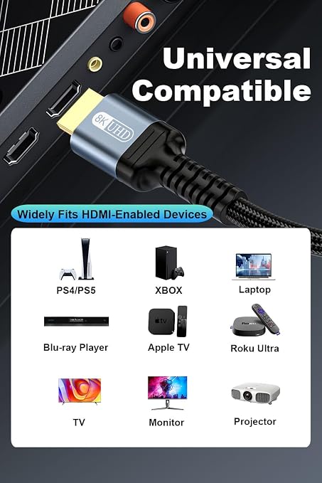 10K 8K 4K HDMI 2.1 Cable 6ft, 48Gbps Ultra High Speed HDMI Cable Braided - Image 6