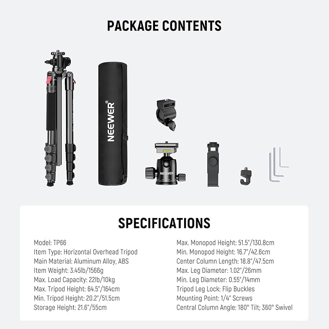 NEEWER Basics 64.5" Horizontal Overhead Tripod Monopod - Image 7
