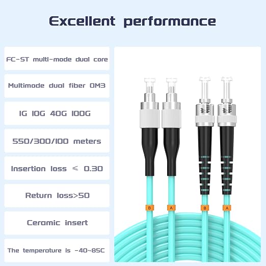OM3 FC/UPC to ST/UPC Fiber Patch Cable 60Meters 196ft 10BG Multimode Duplex - Image 2