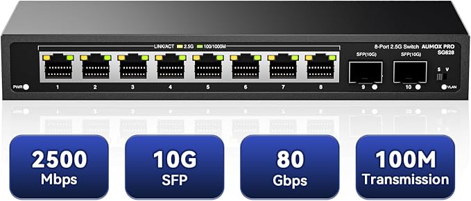 10 Port 2.5Gb Unmanaged Ethernet Switch by AUMOXPRO