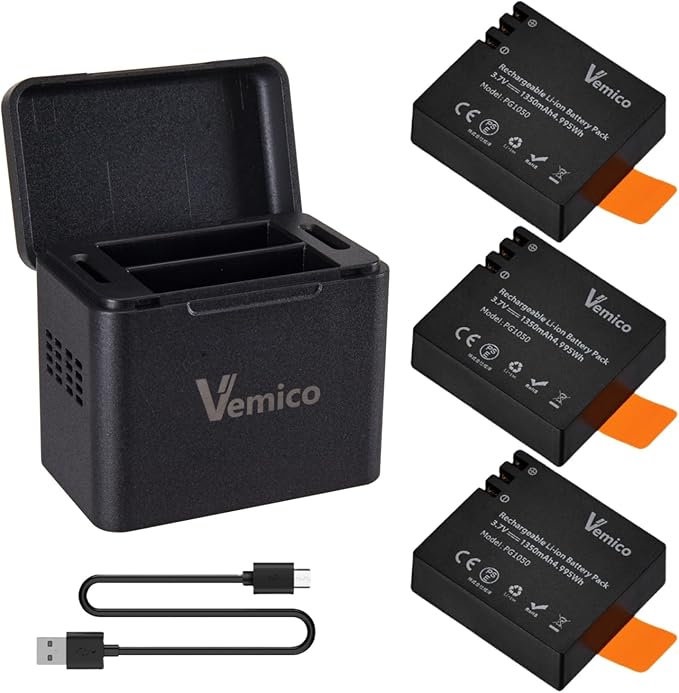 Vemico Action Camera Battery Charger 3-Pack 1350mAh PG1050 Battery LED by Home