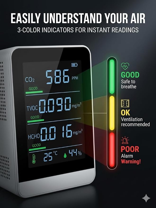 5-in-1 Indoor Air Quality Monitor, Professional CO2 Detector & Formaldehyde - Image 3