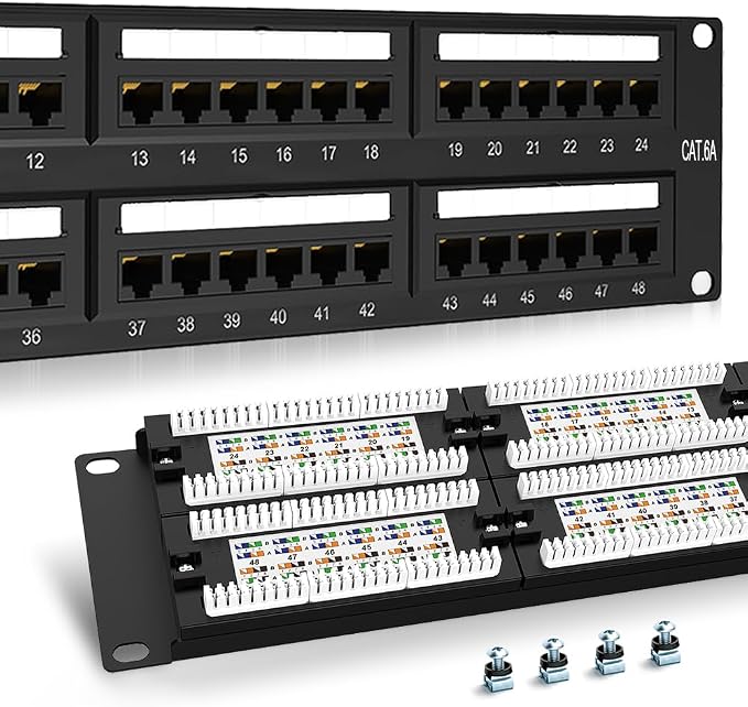 2U 48 Port Patch Panel CAT6A Patch Panel Rack Mount 19inch Ethernet Patch Panel by Enmane