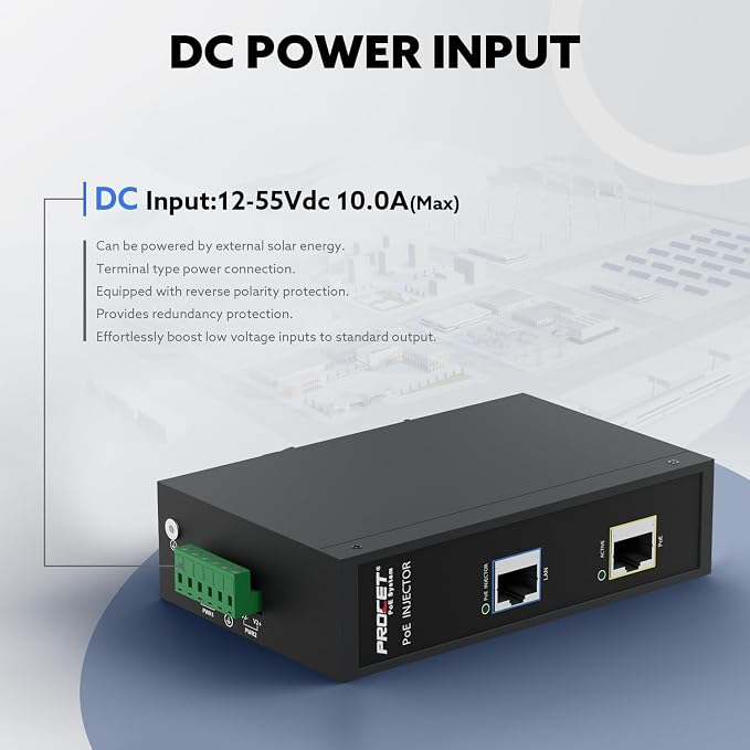 PROCET 10 Gbps Gigabit PoE++ Injector Din Rail, 60W Industrial Boost PoE Adapter - Image 2