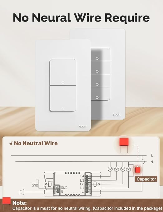 MOES Smart Double Light Switches, WiFi 2 Gang Single Pole Switch, No Netural - Image 2