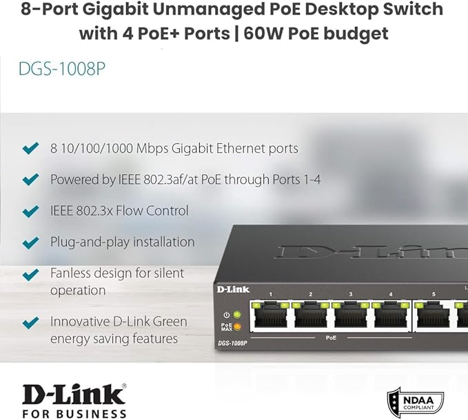 D-Link 8-Port Gigabit Unmanaged PoE+ Ethernet Switch, - Image 2