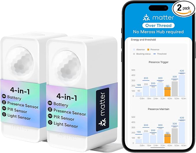 meross Matter Presence Sensor MS605, Battery-Powered 4-in-1 Smart Motion Sensor by meross