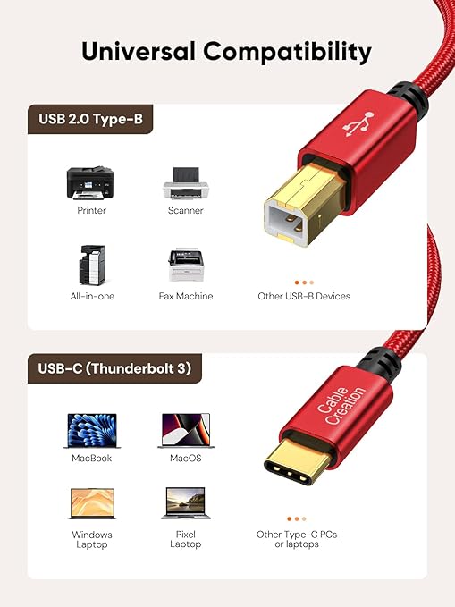 CableCreation USB B to USB C 10FT Printer Cable, MIDI Cable to USB C, Nylon - Image 6