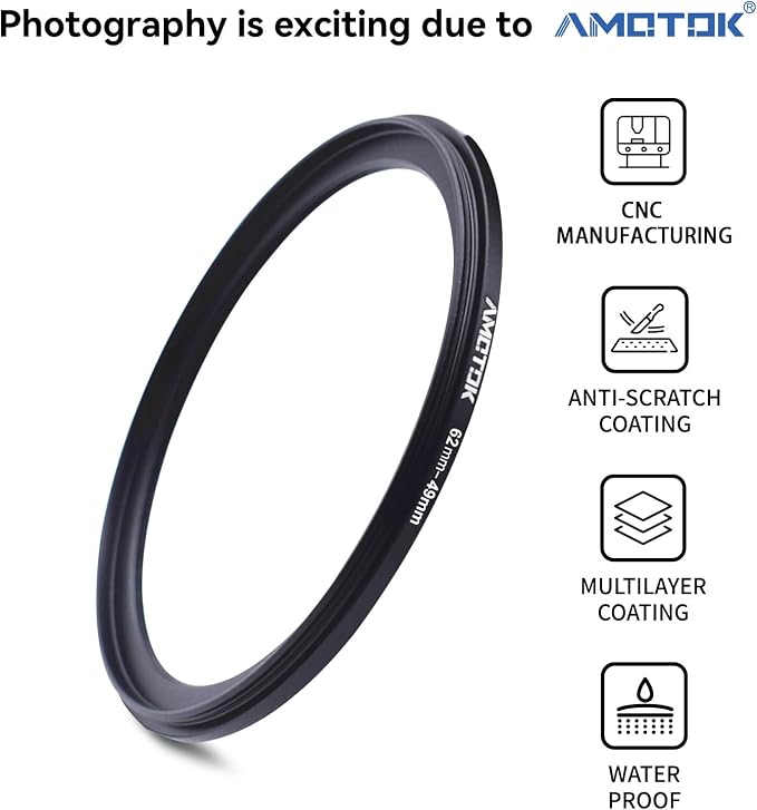 62mm Lens to 49mm Camera Lens Adapter, 62mm to 49mm Filter Step-Down Ring - Image 2