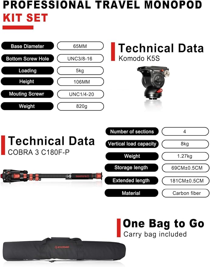 IFOOTAGE Monopod Cobra 3 C180F-P+K5S, 1/4'' & 3/8'' Quick Release Compatible - Image 3