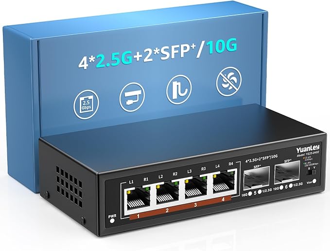 6 Port 2.5G Unmanaged Ethernet Switch, 4 x 2.5G Base-T Ports, 2 x 10G SFP by YuanLey