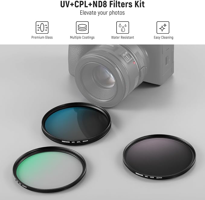 NEEWER 82mm UV/CPL/ND Lens Filter Kit, UV Protection + Circular Polarizing + - Image 2