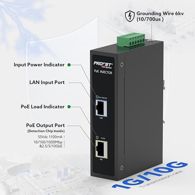 PROCET 10 Gbps Gigabit PoE++ Injector Din Rail, 60W Industrial Boost PoE Adapter - Image 3