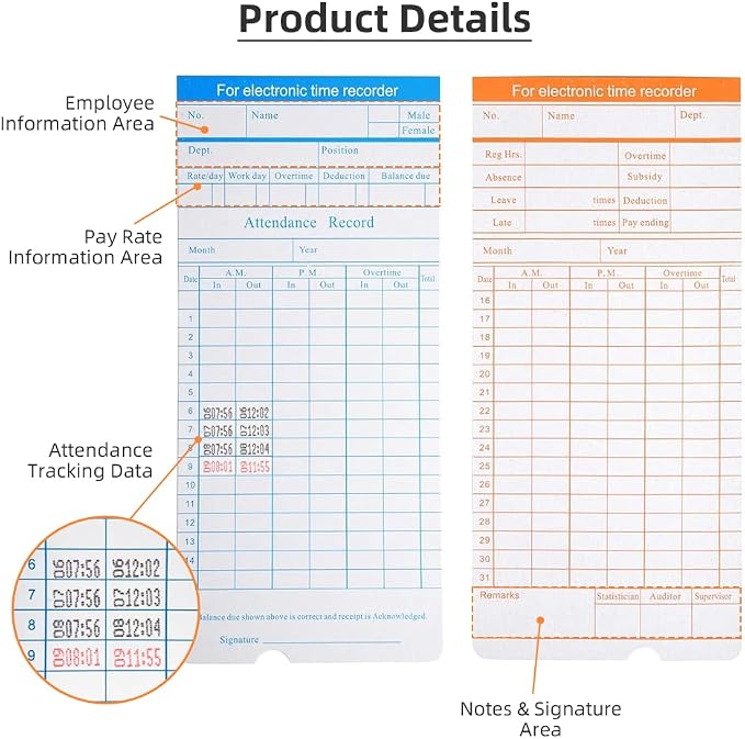 TooCust 100-Piece Time Cards for Employees, Monthly Time Cards 2-Sided - Image 6
