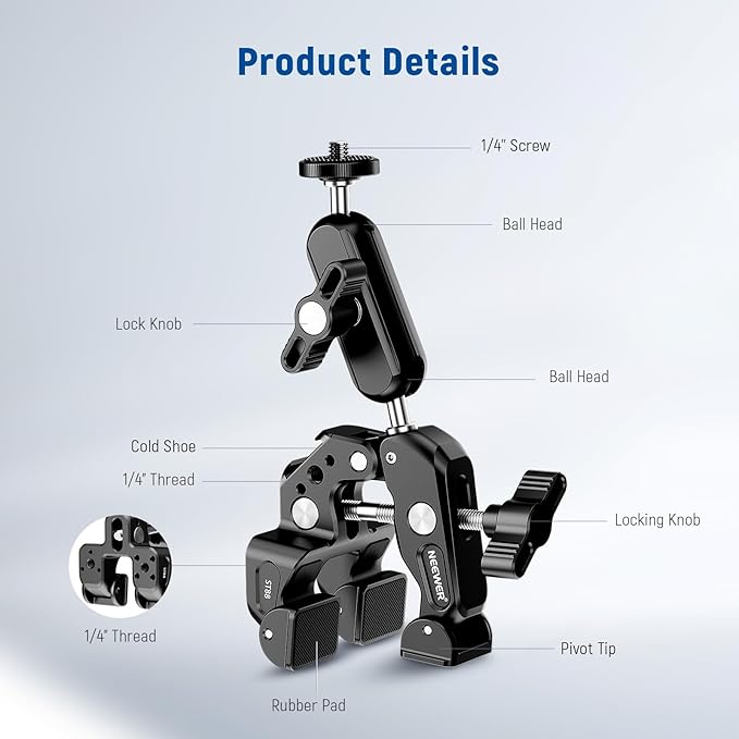 NEEWER Super Clamp with 3" Dual Ballhead Magic Arm, Camera Phone Clamp Mount - Image 7