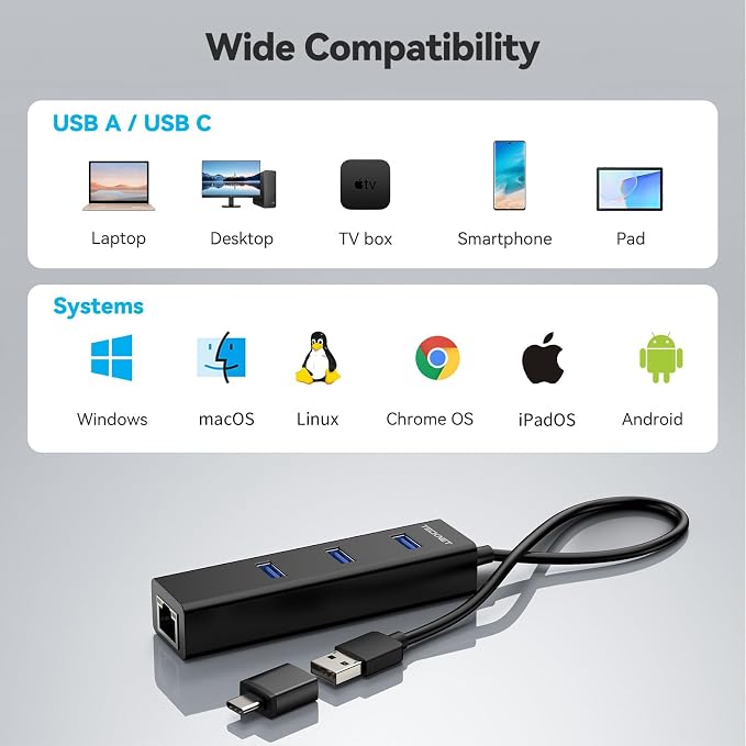 TECKNET USB C to Ethernet, Aluminum 3 Port USB 3.0 Hub - Image 7
