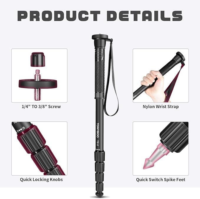 TONYBOO 65” Aluminum Camera Monopod, Lightweight & Portable, 5-Section Travel - Image 4