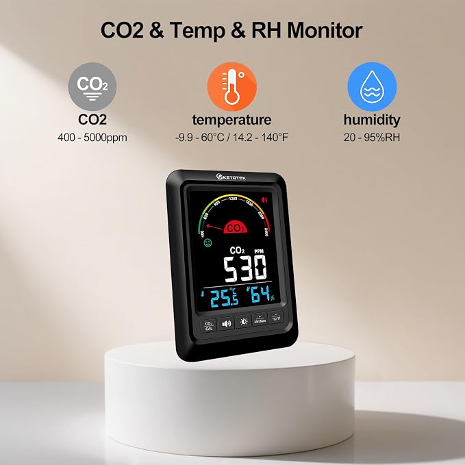 KETOTEK CO2 Monitor Indoor Air Quality Meter, Temperature, Humidity Display - Image 2