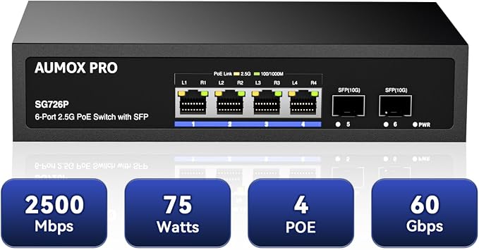 6 Port 2.5G PoE Switch, AUMOX PRO 4 Port 2.5G Network Unmanaged Switch by AUMOXPRO