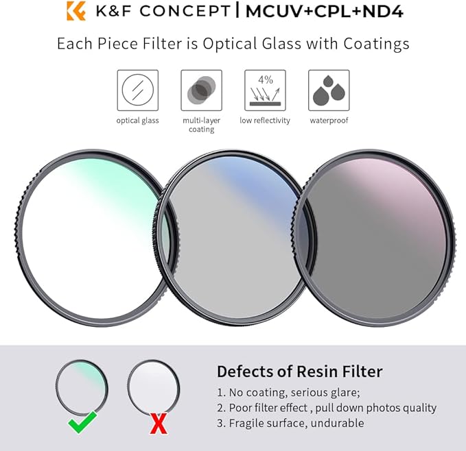 K&F Concept 49mm UV/CPL/ND Lens Filter Kit-18 Multi-Layer Coatings, UV Filter + - Image 2
