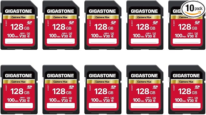 GIGASTONE 128GB SD Card 10-Pack, Camera Plus, UHS-I V30 U3 SDXC Memory Card by Gigastone