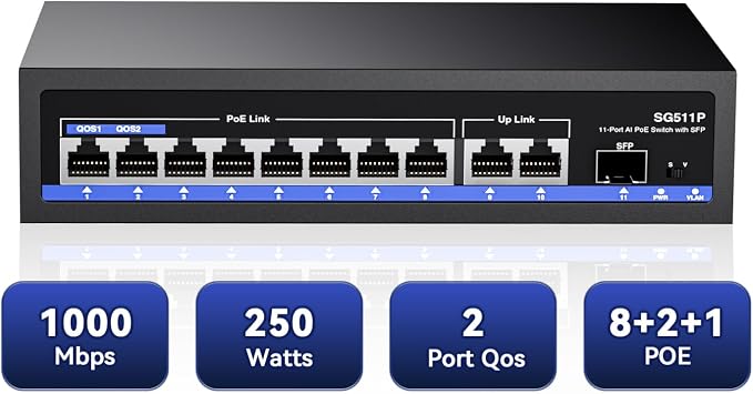 11-Port PoE Gigabit Switch, 8 PoE+ Port, 2 Gigabit Uplink, 1 SFP Port, 120W AI - Image 2