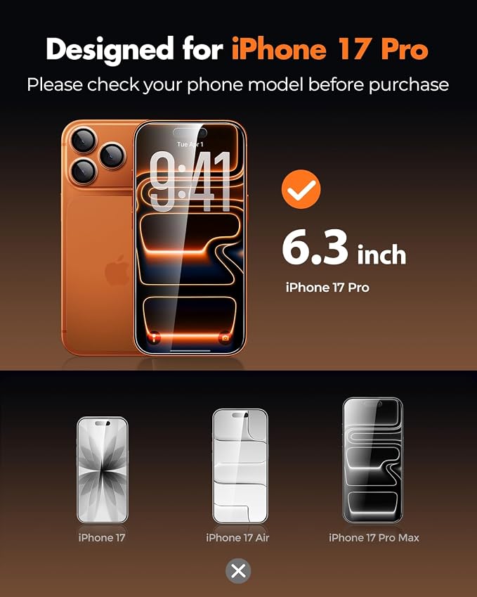 UNBREAKcable iPhone 17 Pro Screen Protector 3-Pack, Upgraded Dual-Tempered - Image 2