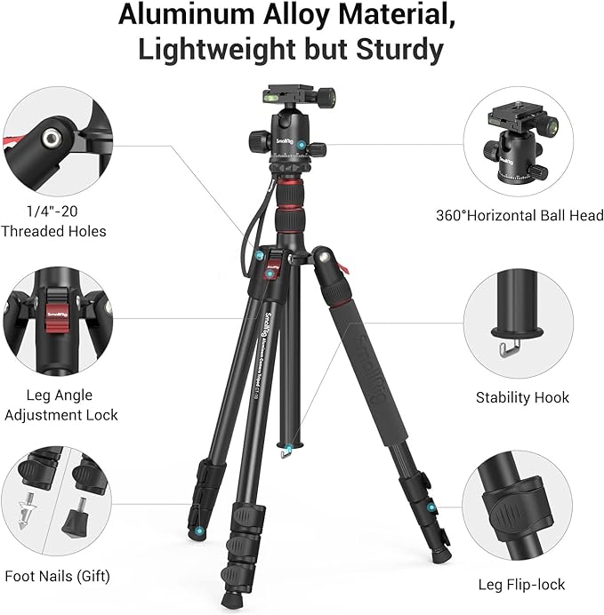 SmallRig Camera Tripod, 360°Ball Head Detachable, Payload 33lb, Adjustable - Image 4