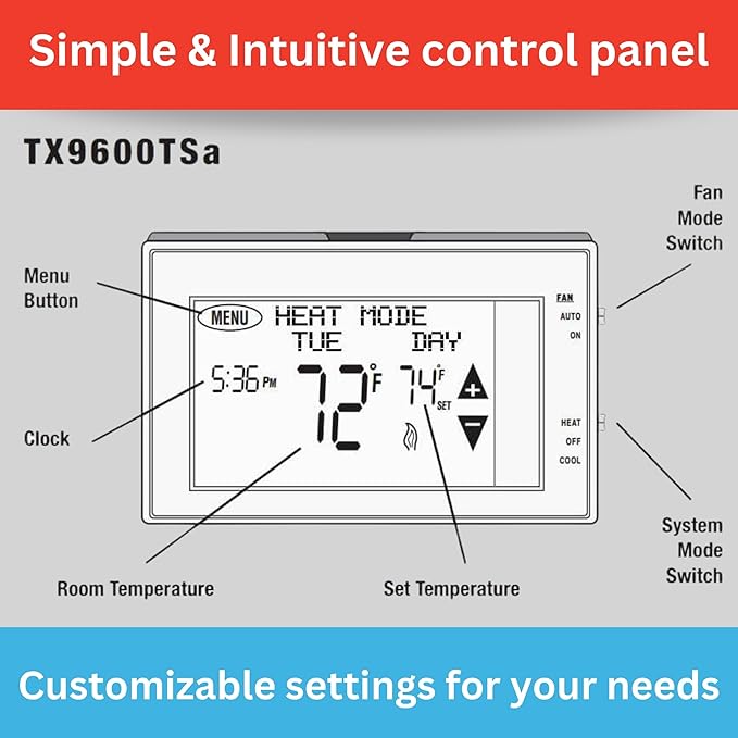 Lux Products TX9600TS Programmable Large Touchscreen Heating Cooling Thermostat - Image 7
