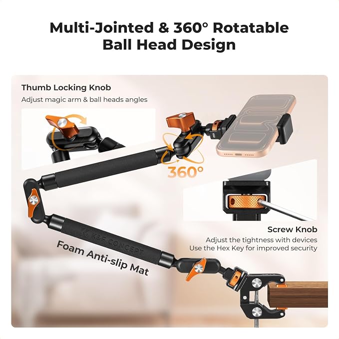 K&F CONCEPT 22" Magic Arm Clamp Kit, Overhead Desk Camera Mount, Long - Image 4