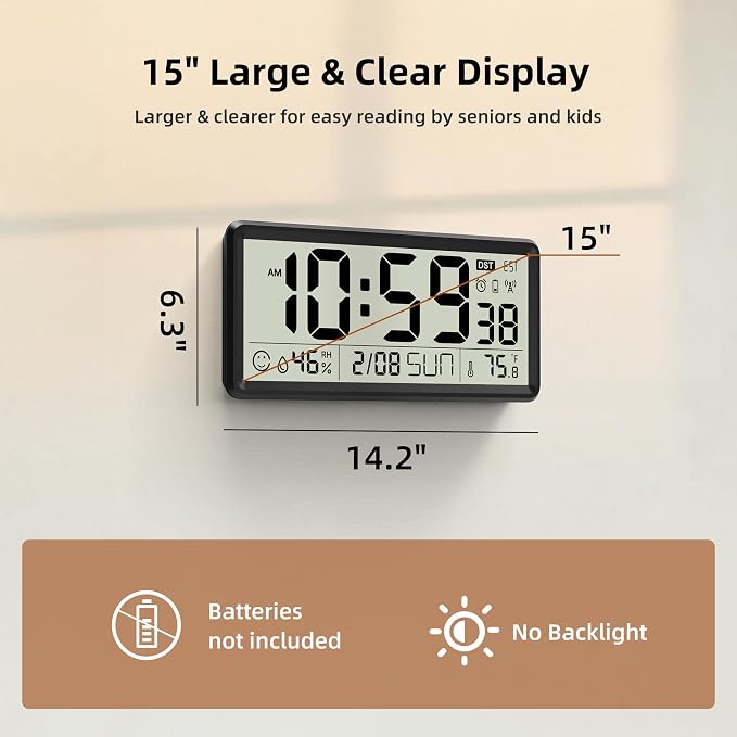 EASYERA 15'' Large Digital Wall Clock Battery Operated, Atomic Clock - Image 2