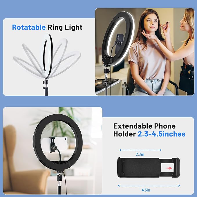 12'' Ring Light with Stand 75'' Tall & Phone Holder, 100+ Color Modes Selfie - Image 6